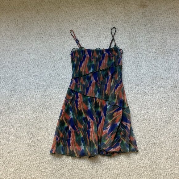URBAN OUTFITTERS Women’s Dress Green Multi Mesh Mini Moxie Abstract Slip Size XS - Picture 3 of 11